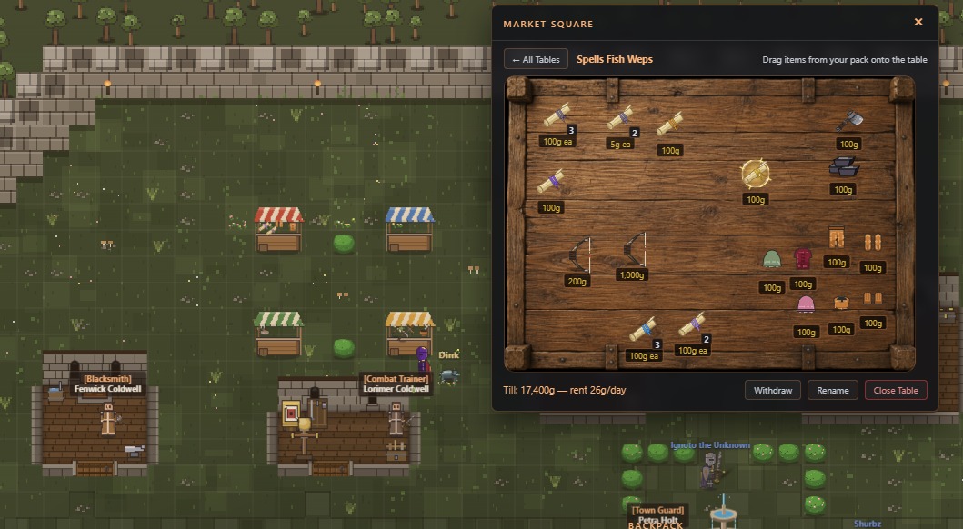 A player-run market table in the town square, priced and open for business