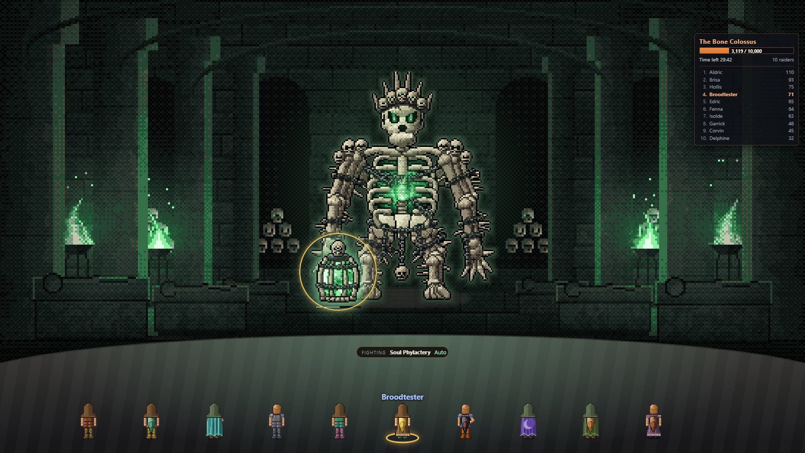 The Bone Colossus in the Lich-Lit Crypt with a glowing Soul Phylactery at her feet and ten raiders below