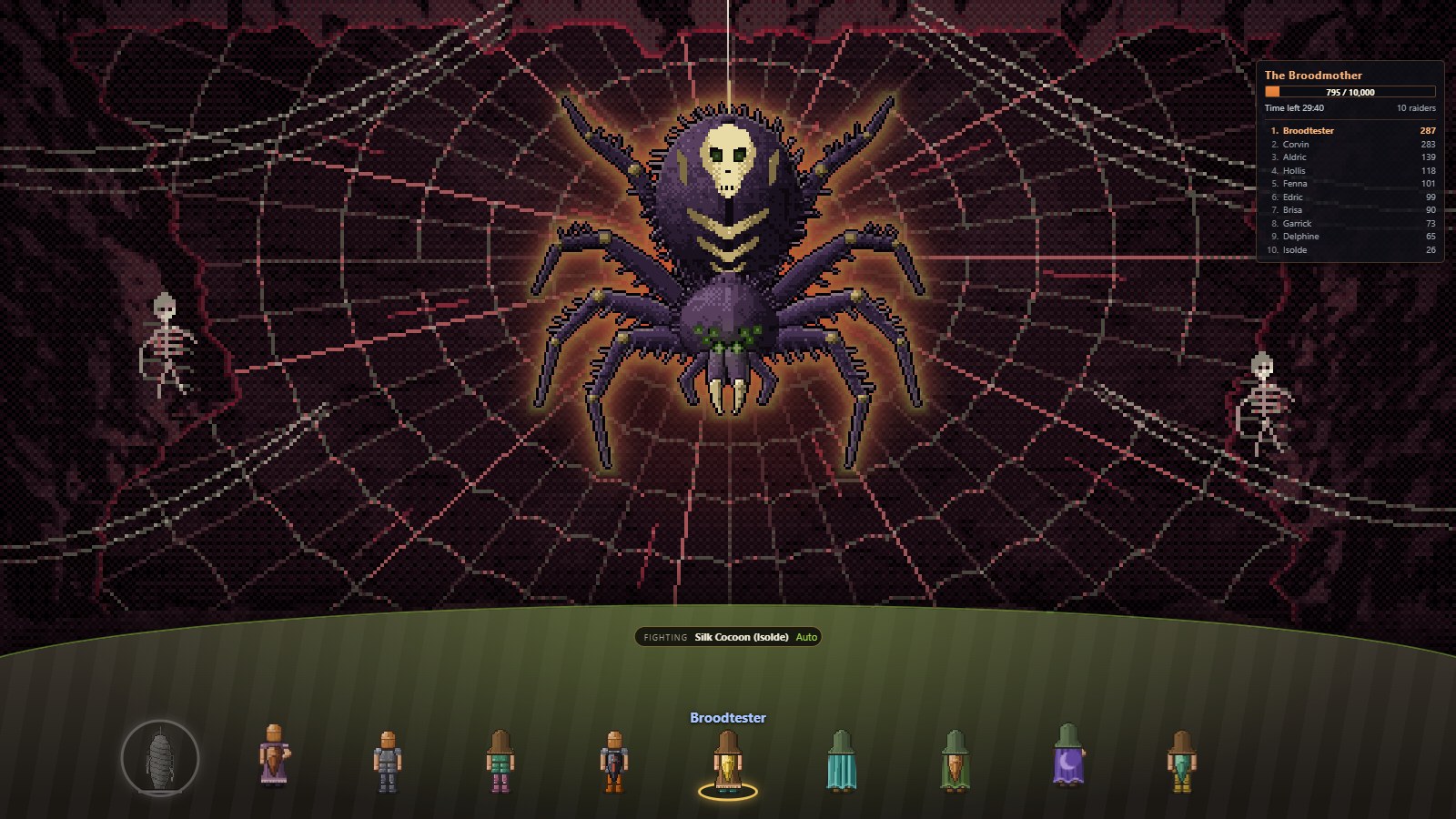 The Broodmother enraged on the Heart of the Web, a raider cocooned in silk at the end of the crowd, the damage board in the corner