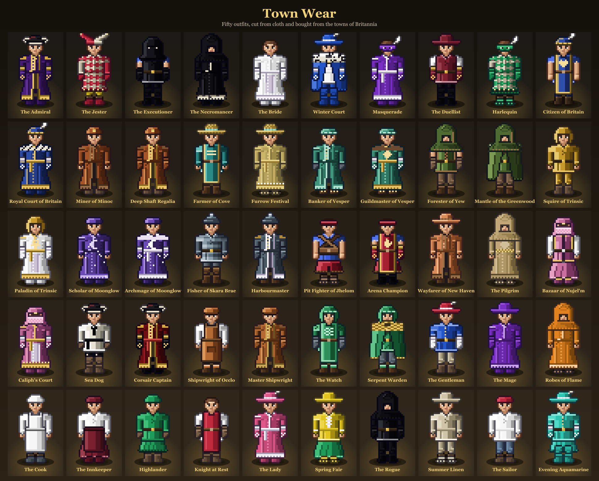 Fifty figures in town wear, each named: the Admiral in a purple coat braided in gold, the Jester in motley, the Bride in white, a citizen and a Luminary of each of the fourteen towns in that town's colour, and thirteen everyday outfits from a cook's apron to a mage's robe