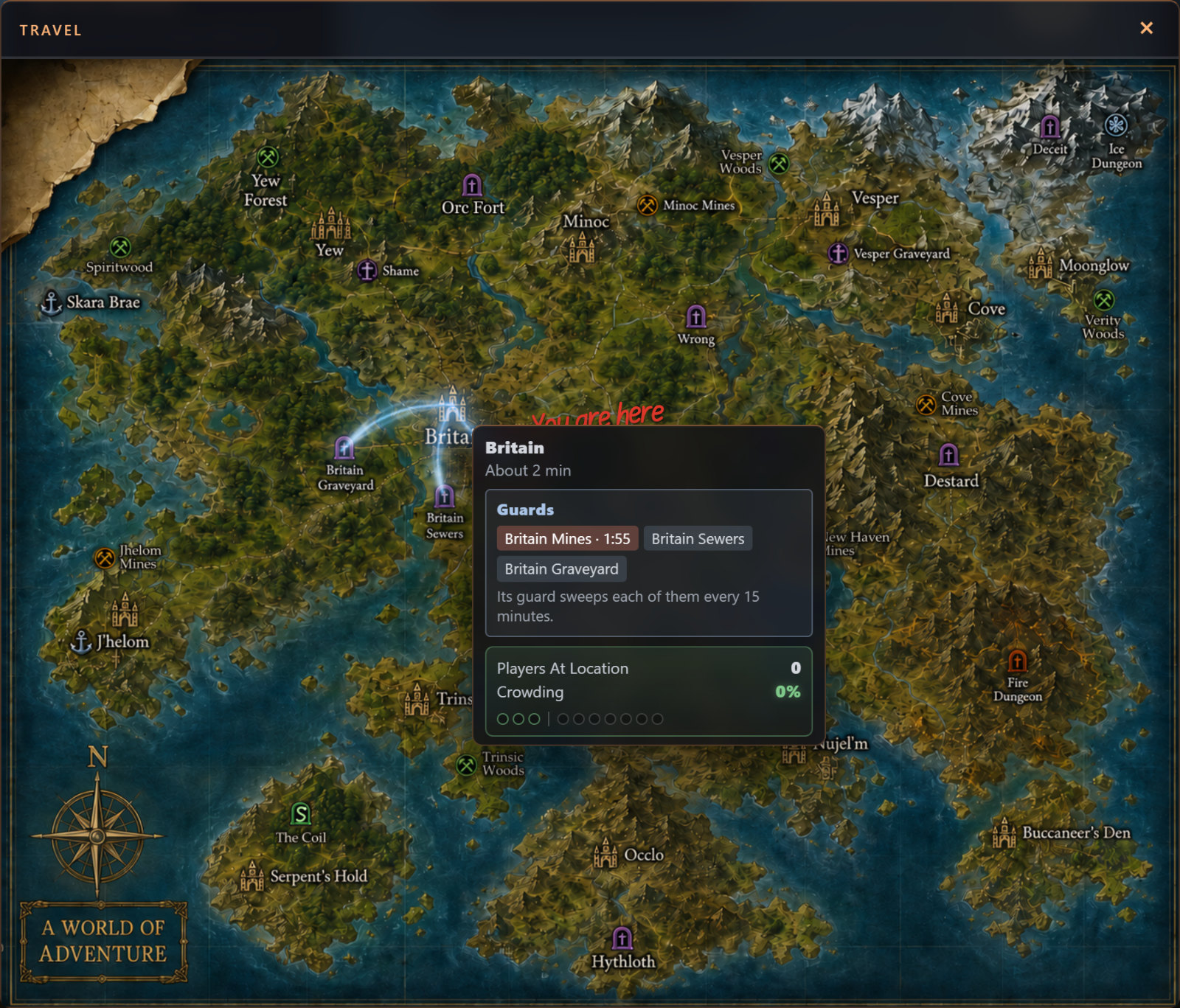 The whole Travel map with Britain hovered: blue veins run from Britain to its graveyard, sewers and mines, and a tooltip lists the three places it guards