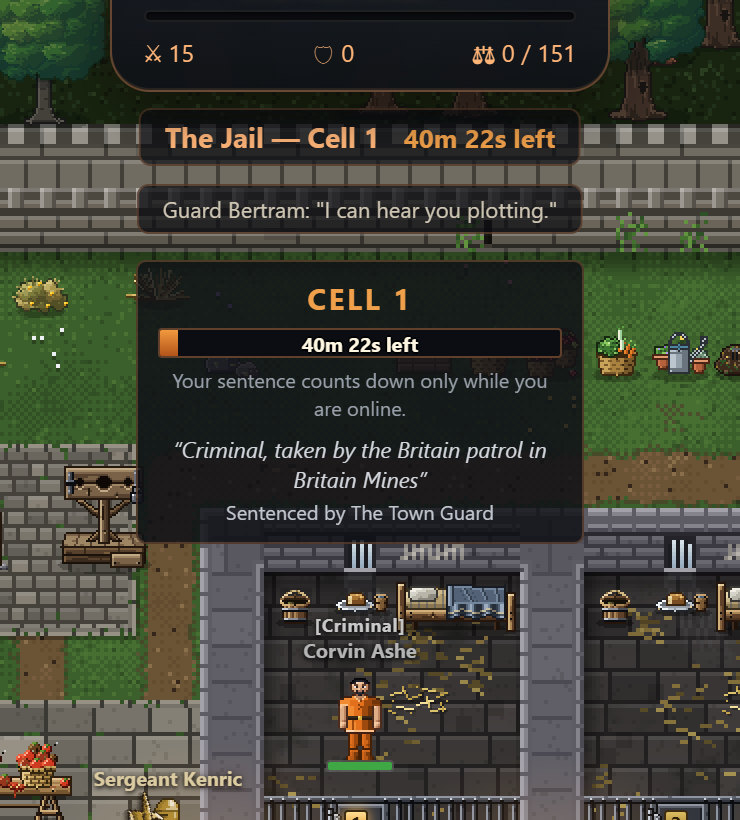 A prisoner in an orange uniform in cell 1, under a panel giving the time left, the reason and who sentenced them