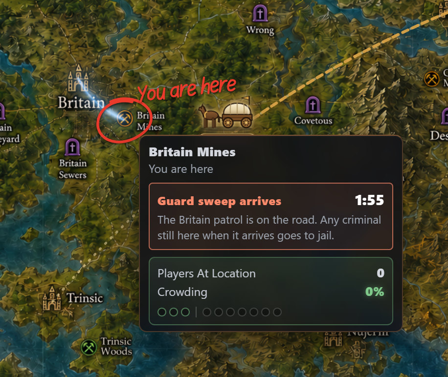 The Travel map with Britain Mines hovered: a red panel reading Guard sweep arrives, 1:55