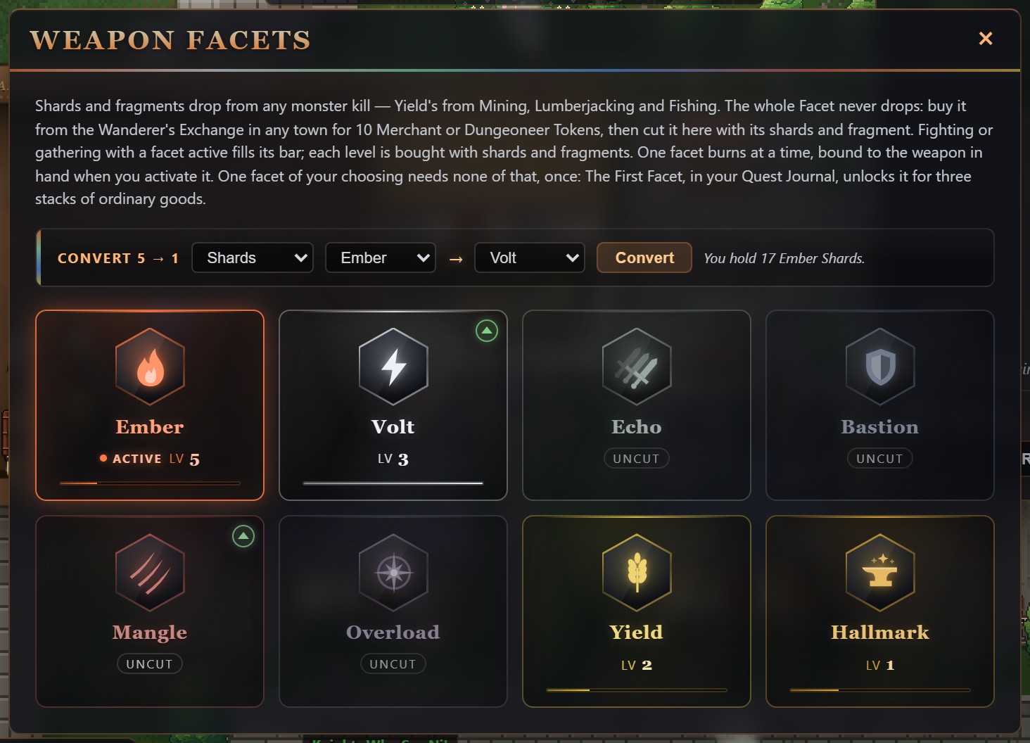 The Weapon Facets window: a Convert row, then eight tiles. Ember is lit and marked Active at level 5, Volt is level 3, Yield level 2 and Hallmark level 1; Echo, Bastion, Mangle and Overload are dim and marked Uncut