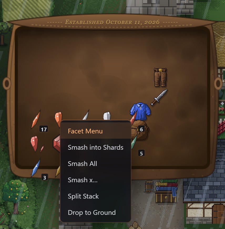 A backpack holding Shards and Fragments, with a right-click menu open on an Ember Fragment: Facet Menu, Smash into Shards, Smash All, Smash x, Split Stack, Drop to Ground